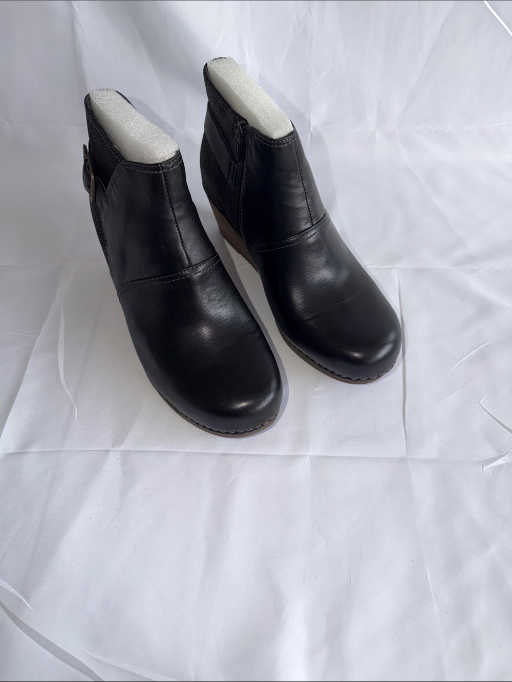 Dansko Black Leather Wedge Ankle Booties with Buckle